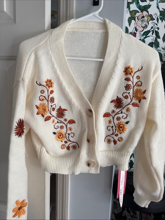 Sweaters - Embroidered Cream Button-Front Women’s Sweater Cardigan